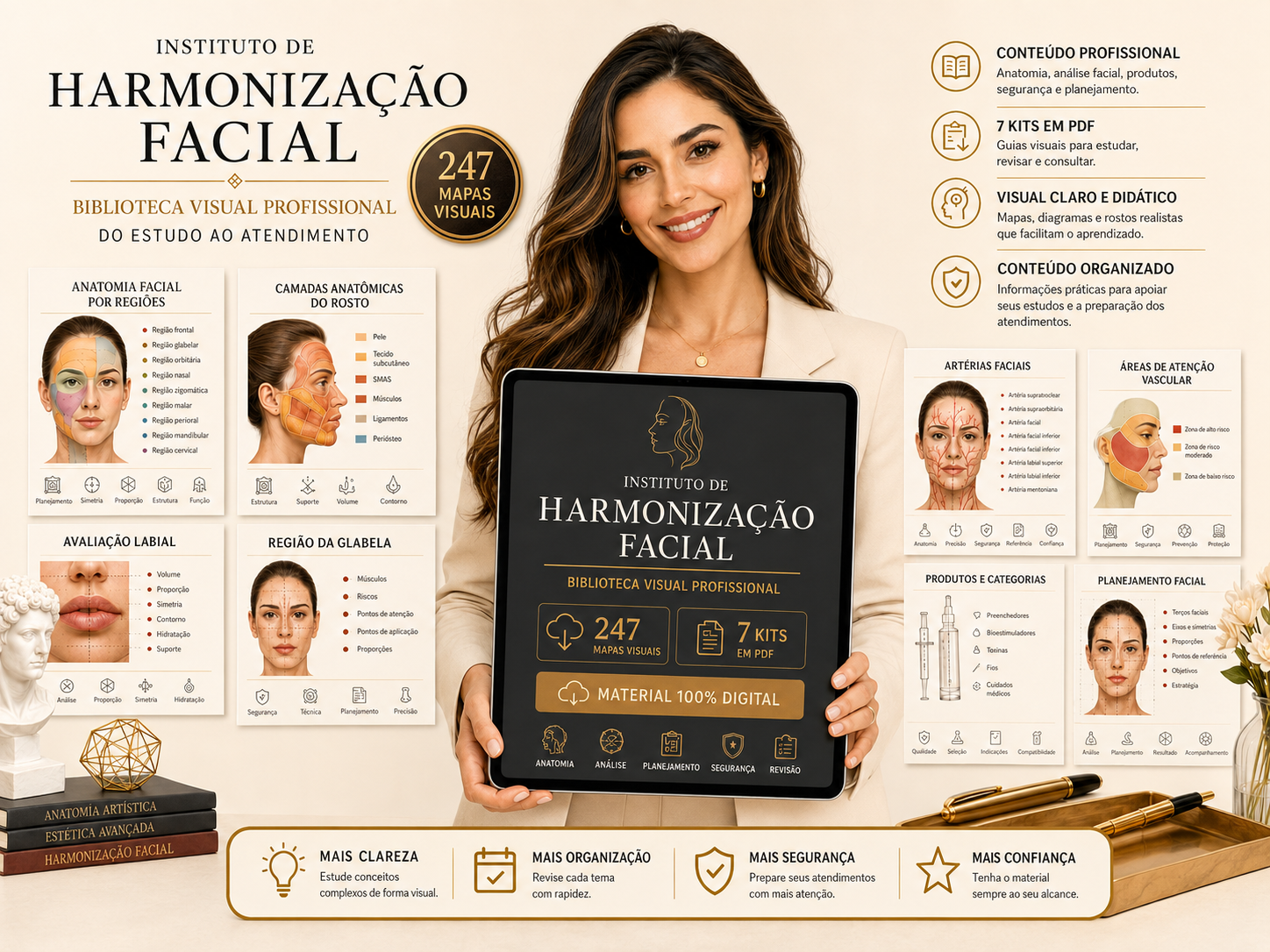 Conteúdo completo da Biblioteca Visual Profissional de Harmonização Facial: 247 mapas em 7 kits digitais