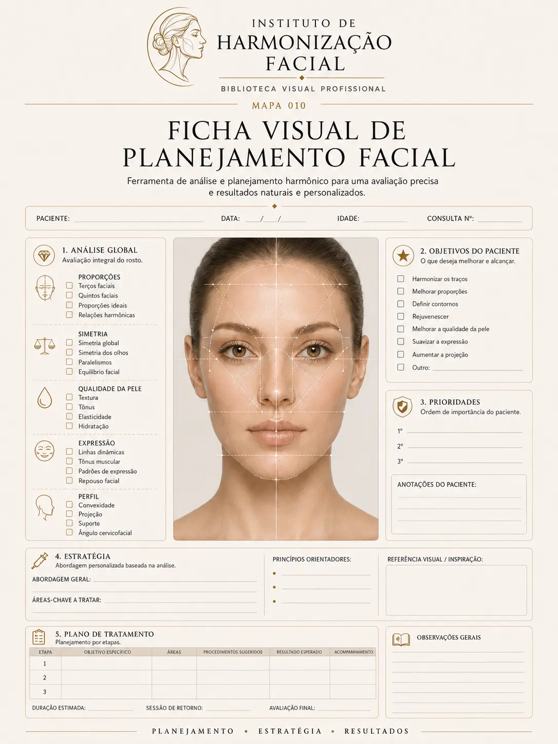 Mapa visual de harmonização facial: Ficha visual de planejamento facial