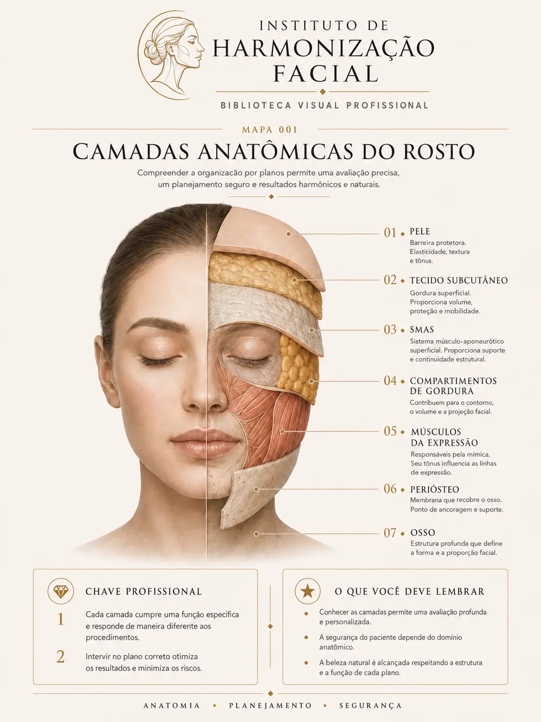 Mapa visual de harmonização facial: Camadas anatômicas da face